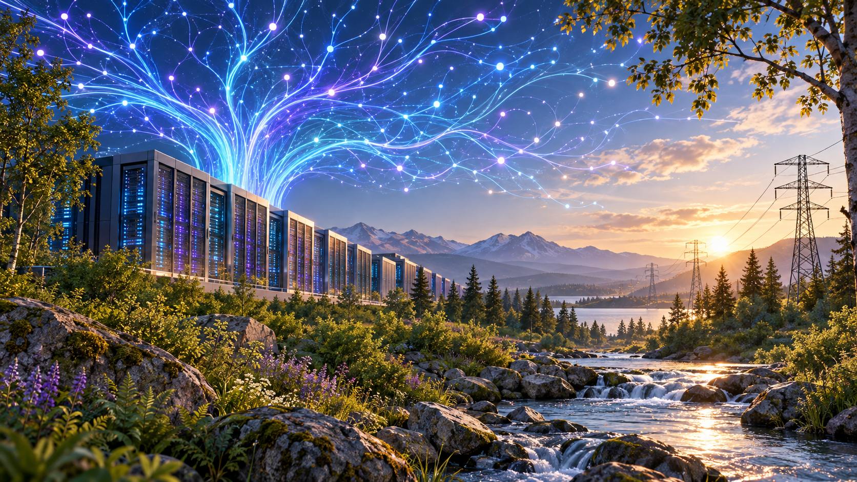 Illustration of an AI network above data center servers, trees, water and power lines