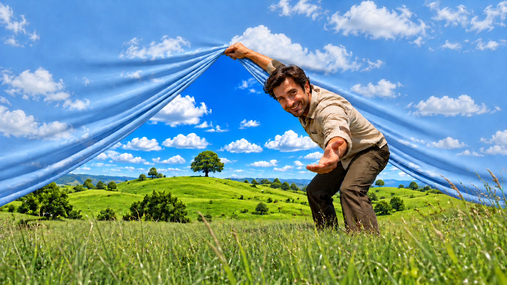 A person lifting a curtain of sky to look beyond it, revealing a green landscape